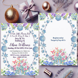 Invitación Niños Oval suave azul pequeño flor Bud cumpleaños