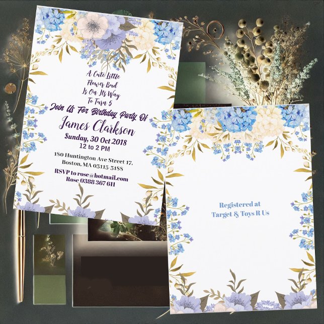 Invitación Niños Pastel Azul Pequeña Flor Bud Floral Cumpleañ (Kids Pastel Blue Little Flower Bud Floral Birthday Invitation)