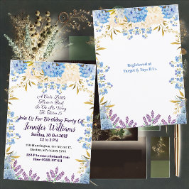 Invitación Niños Pastel Azul Pequeña Flor Bud Floral Cumpleañ