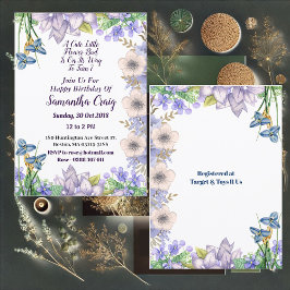 Invitación Niños Pastel Azul Pequeña Flor Bud Floral Cumpleañ