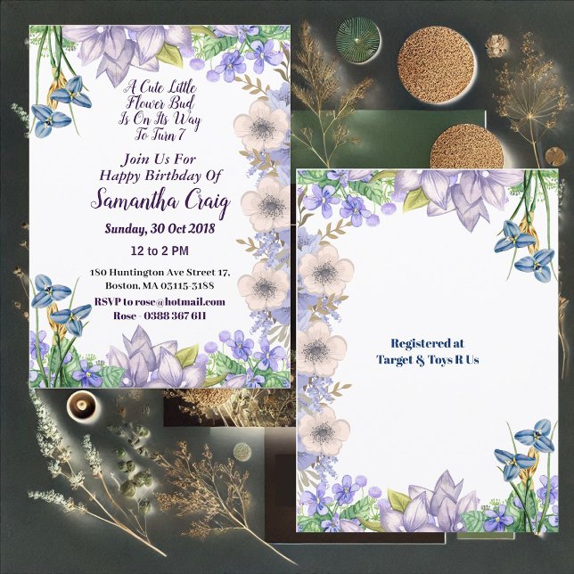 Invitación Niños Pastel Azul Pequeña Flor Bud Floral Cumpleañ (Kids Pastel Blue Little Flower Bud Floral Birthday Invitation)
