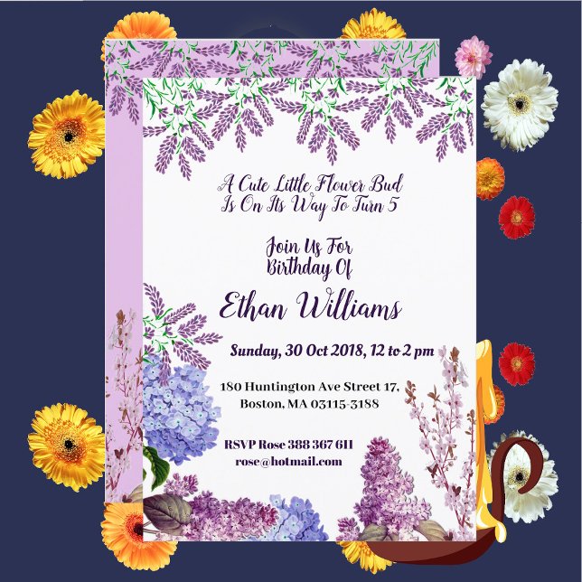 Invitación Niños Pastel azul suave Bud Lilac Hydrangea Cumple (Kids Soft Blue Pastel Bud Lilac Hydrangea Birthday Invitation)