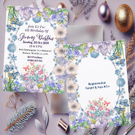 Invitación Niños Pastel suave Flores Azules Oval Floral Cumpl