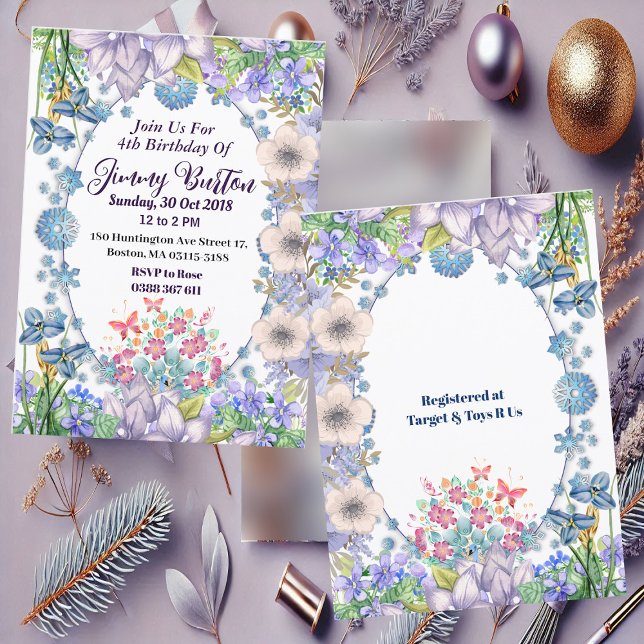 Invitación Niños Pastel suave Flores Azules Oval Floral Cumpl (Kids Soft Pastel Blue Blooms Oval Floral Birthday Invitation)