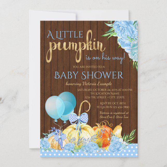 Invitación Niños Pequeña Calabaza Rustic Wood Baby Shower (Anverso)