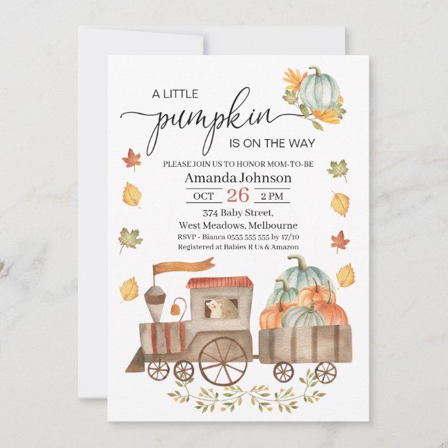 Invitación Niños Pequeño tren de calabaza Baby Shower (Anverso)