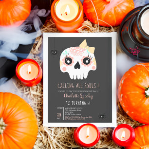 Invitación Niños pequeños cráneo arco rosado Halloween 5 años