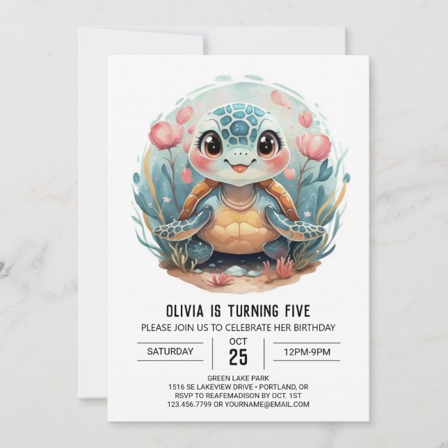 Invitación Niños Personalizado Chica de tortuga Cumpleaños (Anverso)
