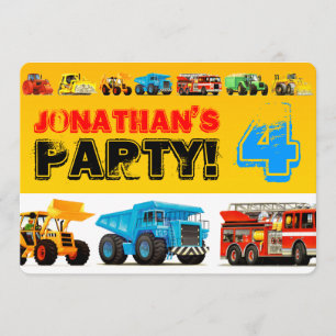 Invitación Niños Personalizados Camiones de Construcción 4to