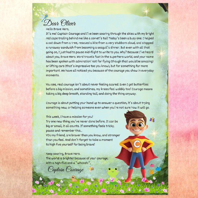Invitación Niños personalizados valientes carta de superhéroe (Captain Courage Superhero Letter for Kids – Printable Digital Download – Encouraging Bravery )