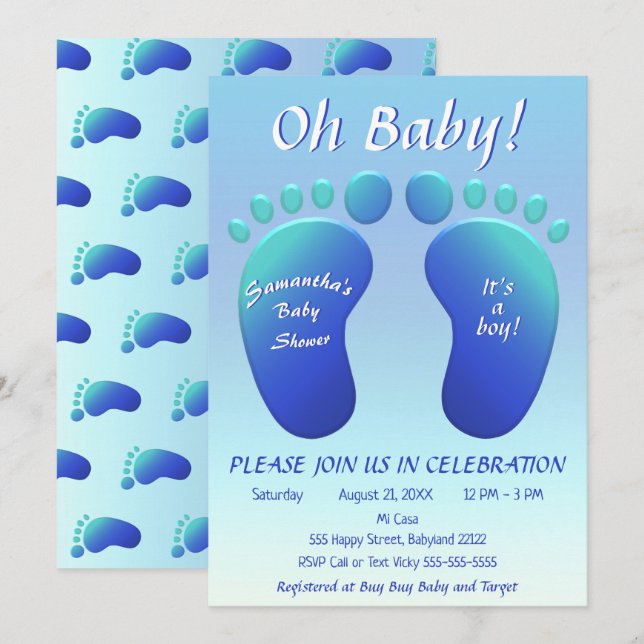 Invitación Niños Pies de Bebé Baby Shower Blue Ombre Baby Sho (Anverso / Reverso)