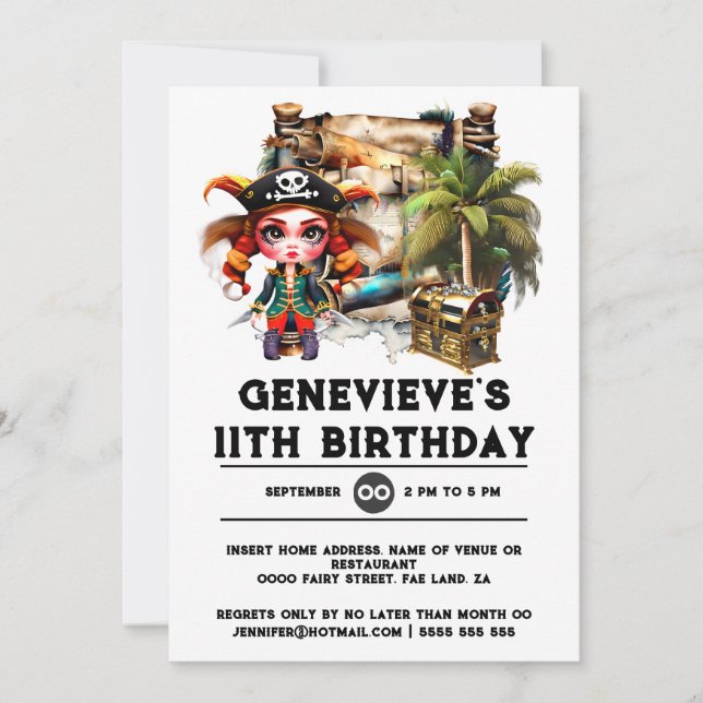 Invitación Niños piratas temática chicas del cofre del tesoro (Anverso)