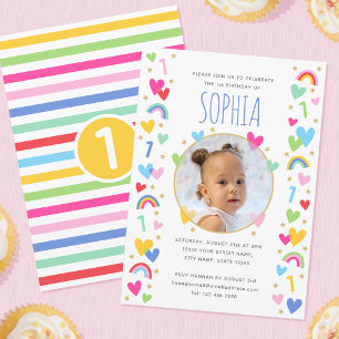 Invitación Niños primer cumpleaños lindo arcoiris foto corazó