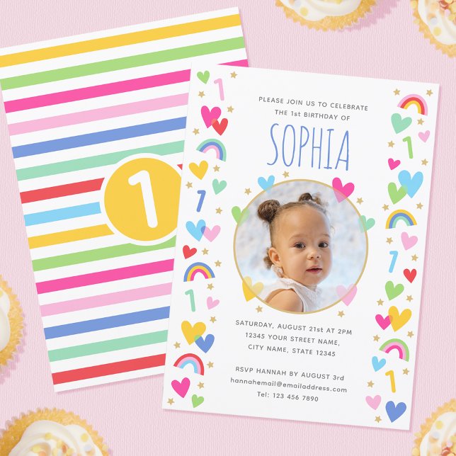 Invitación Niños primer cumpleaños lindo arcoiris foto corazó (Subido por el creador)