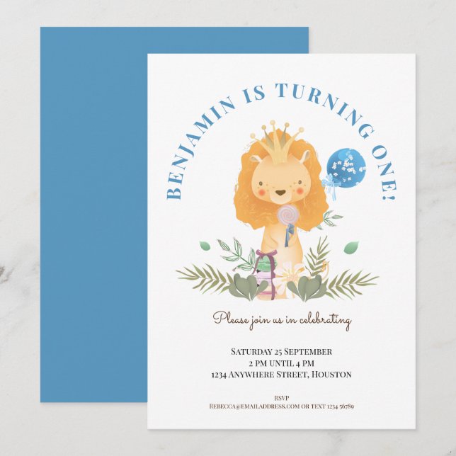 Invitación Niños primer Fiesta de cumpleaños Cute León Safari (Anverso / Reverso)