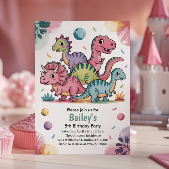 Invitación Niños quitan dinosaurio rosado 5ª fiesta de cumple (Subido por el creador)
