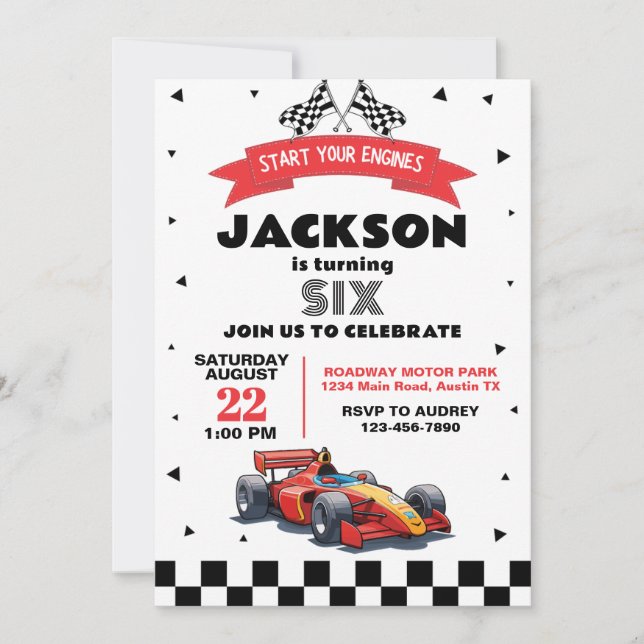 Invitación Niños Race Car Cualquier fiesta de cumpleaños (Anverso)