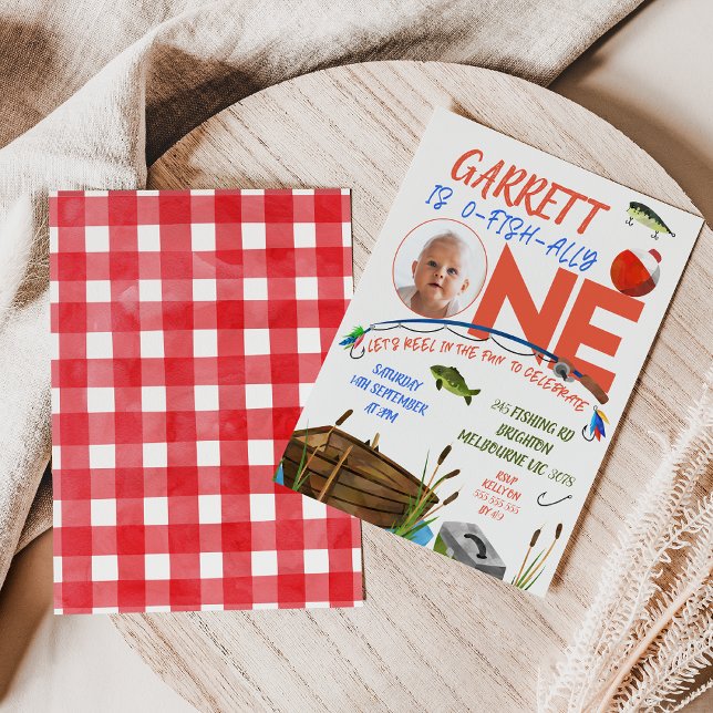 Invitación Niños Reel In Fun Ofishally Un primer cumpleaños (Boys Ofishally one 1st Birthday Invitation, Fishing themed First Birthday Invite, o-fish-ally one)