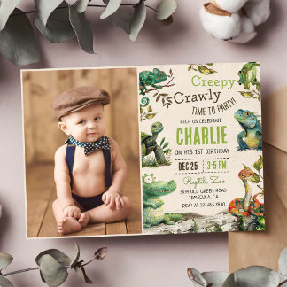 Invitación Niños Reptiles Primera Foto de Cumpleaños