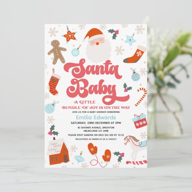 Invitación Niños Retro Rojos Azules Santa Baby Baby Shower (Anverso de pie)