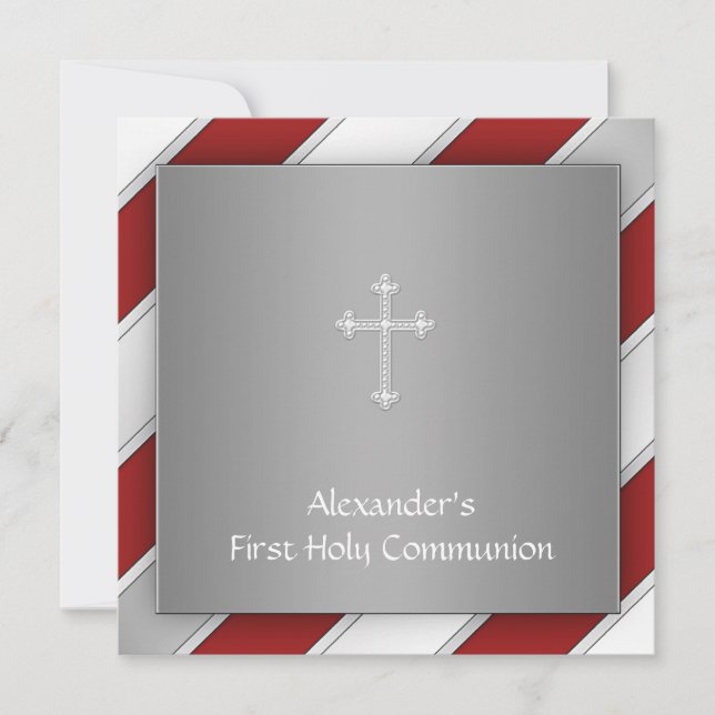 Invitación Niños Rojo y Plata Primera Comunión (Anverso)