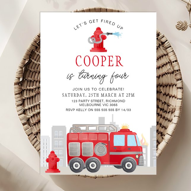 Invitación Niños rojos Vamos a ser incendiados (Lets Get Fired Up Fire-engine Birthday Invitation Template, Firefighter Birthday Invitation Hydrant)