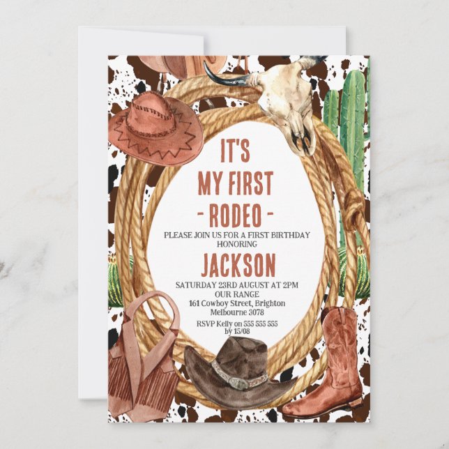Invitación Niños Rope Mi primer Rodeo Cowboy Primer cumpleaño (Anverso)