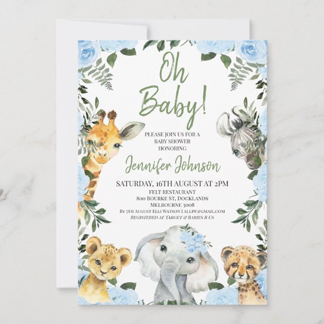 Invitación Niños Rosas azules Safari Animales Baby Shower (Anverso)