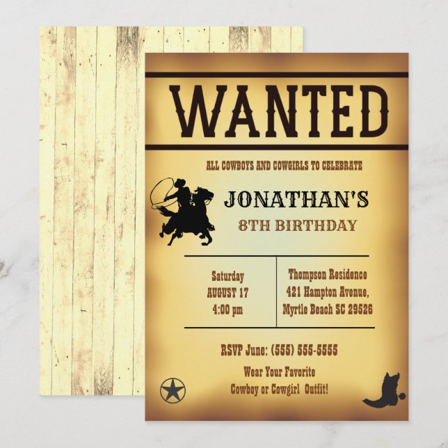 Invitación Niños Rustic Brown Yellow Wanted Cumpleaños (Anverso / Reverso)