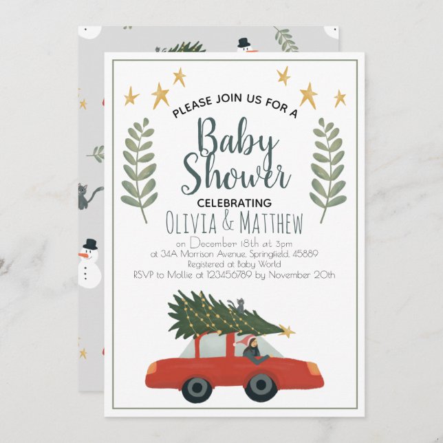 Invitación Niños Rustic Cute Christmas Tree Stars Baby Shower (Anverso / Reverso)