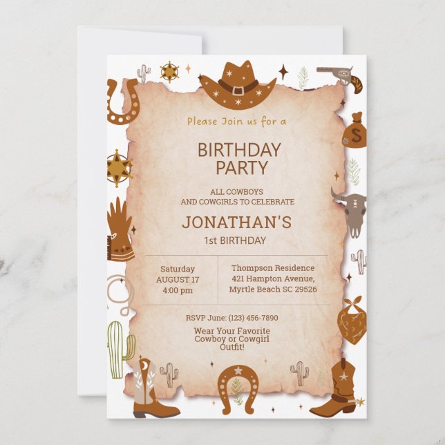 Invitación Niños Rustic Western Primer Fiesta de Cumpleaños (Anverso)
