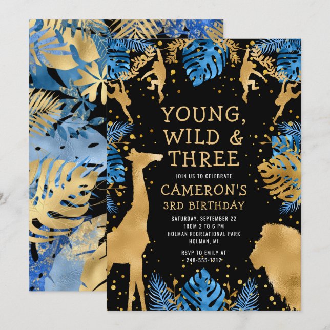 Invitación Niños Safari tercer Fiesta de cumpleaños Oro Azul  (Anverso / Reverso)