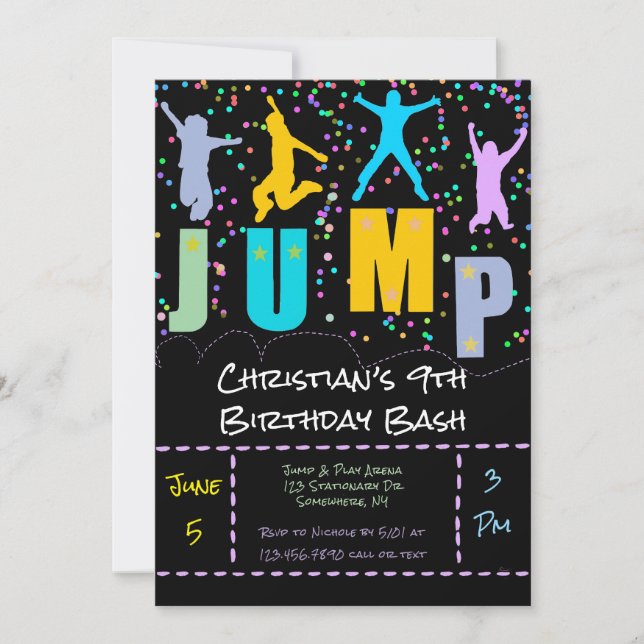 Invitación Niños Saltan y Juegan Trampoline Cumpleaños Bash (Anverso)