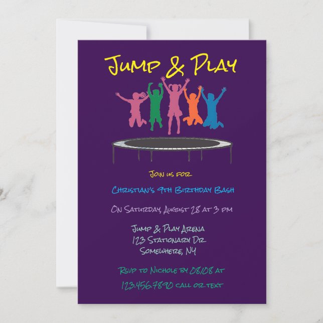 Invitación Niños Saltan y Juegan Trampoline Cumpleaños Bash (Anverso)