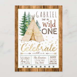 Invitación Niños Salvaje Uno TeePee Tribal Primera Cumpleaños