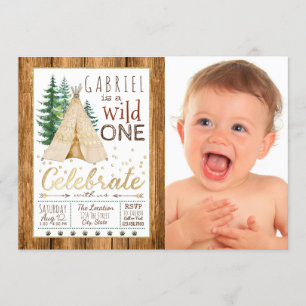 Invitación Niños Salvaje Uno TeePee Tribal Primera Cumpleaños