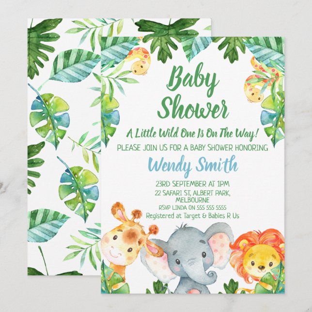 Invitación Niños Salvajes Un Safari Animales Baby Shower (Anverso / Reverso)