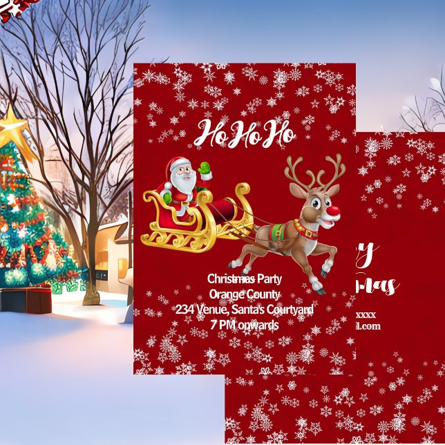 Invitación Niños Santa Navidades Fiesta reno Rojo copo de nie (Kids Santa Christmas Party Reindeer Snowflake Red Invitation)