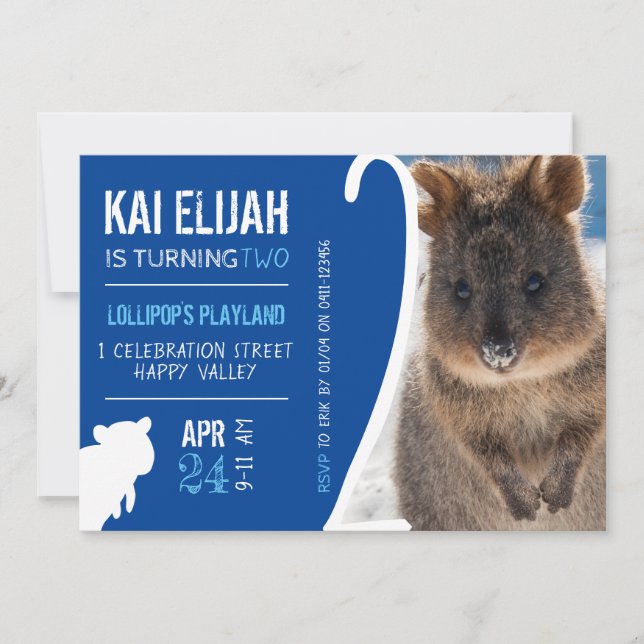 Invitación Niños segundo cumpleaños Blue Quokka Australia Fot (Anverso)