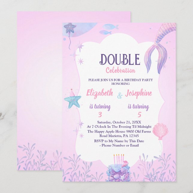 Invitación Niños Sirena Doble Celebración Cumpleaños (Anverso / Reverso)