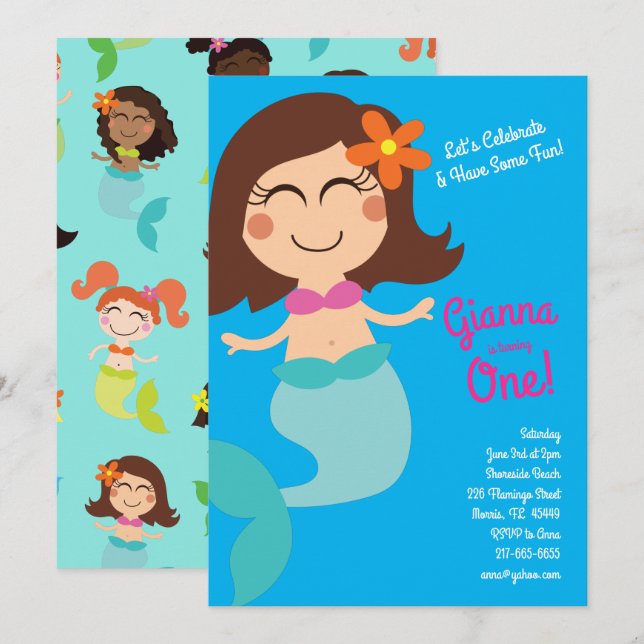 Invitación Niños sirenas Cumpleaños Cabello Marrón (Anverso / Reverso)