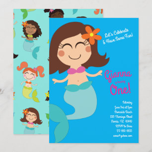 Invitación Niños sirenas Cumpleaños Cabello Marrón