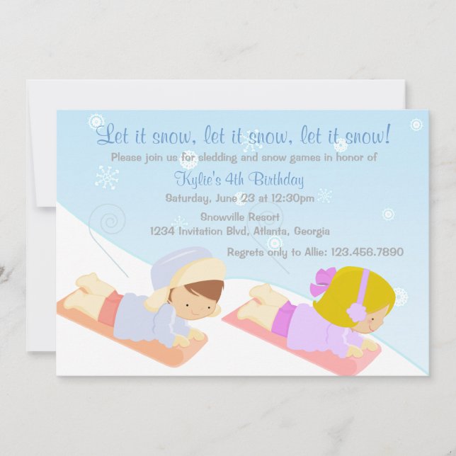 Invitación Niños Sledding y fiesta de cumpleaños del invierno (Anverso)