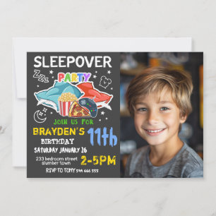 Invitación Niños Sleepover Foto Juegos Pizza Cumpleaños