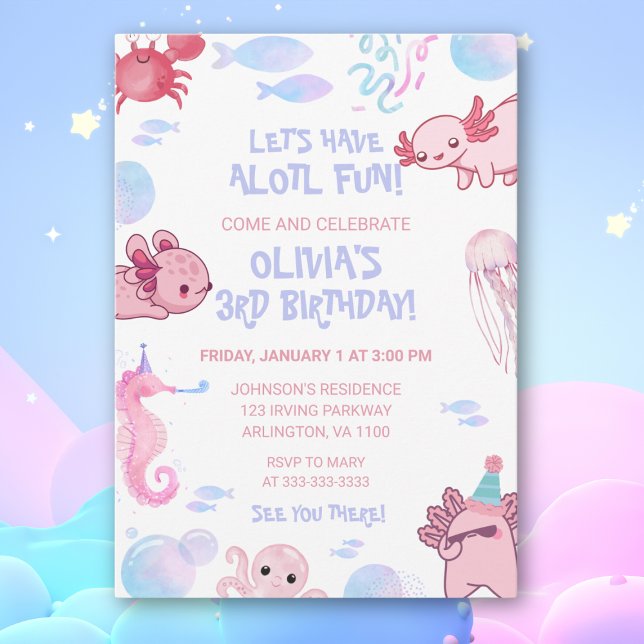 Invitación Niños subacuáticos de Axolotl Pink Fun Cumpleaños (Subido por el creador)