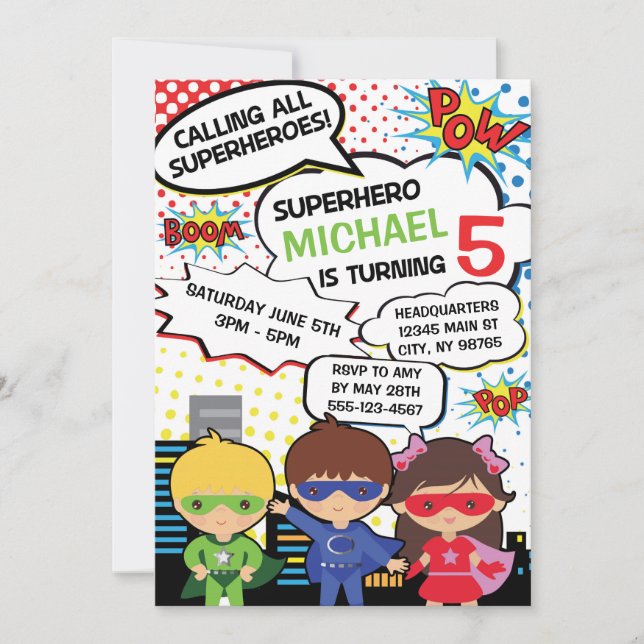 Invitación Niños superhéroes fiesta de cumpleaños invitan a C (Anverso)