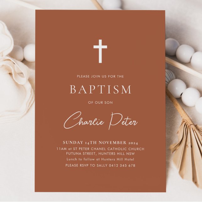 Invitación Niños Terracota Modernos cruzan el bautismo de cri (Terracotta Baptism Invitation)