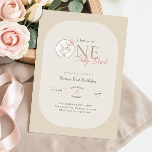 Invitación Niños Un Pato Tonto Lazo Rosa Primer Cumpleaños