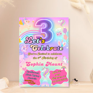 Invitación Niños unicornio de tercer cumpleaños invitan al ro