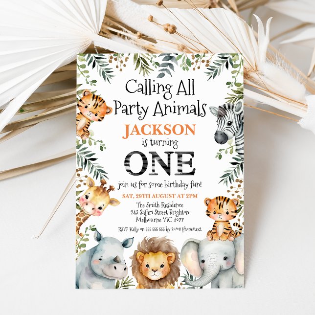 Invitación Niños Verdor Safari 1º cumpleaños (Boy's calling all party animals safari birthday invitation featuring cute jungle animals and foliage)